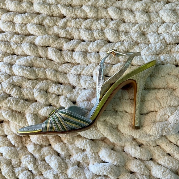 Rene Caovilla Bejeweled Rhinestone Buckle Metallic Leather Snakeskin Heel Sandal - Picture 6 of 11